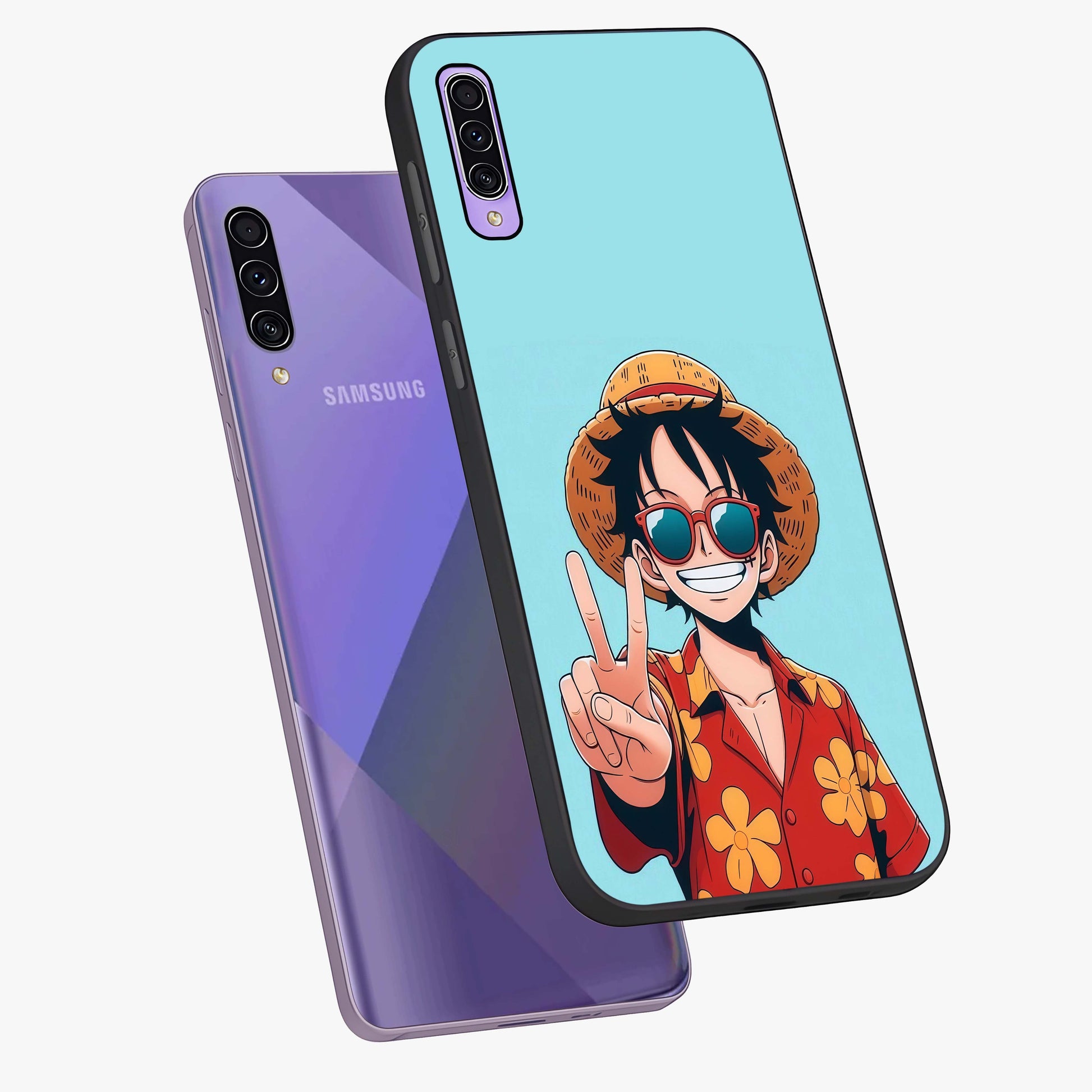 Luffy Summer Anime Vibe Glass Case displayed in angled mockup highlighting energetic anime illustration with summer vibe aesthetic.