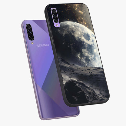 Lunar Horizon Glow Glass Case displayed in angled mockup highlighting celestial moon design with dreamy night aesthetic.
