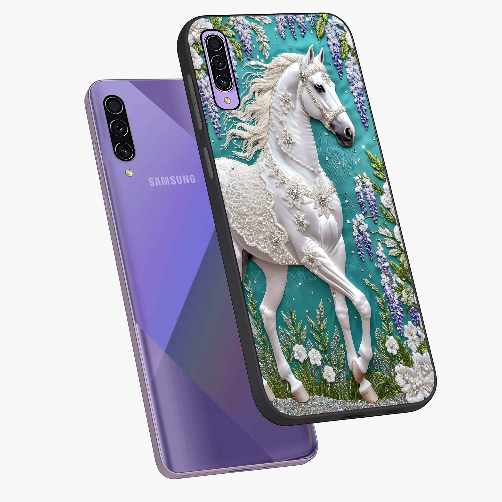 Majestic Floral Stallion Glass Case displayed in angled mockup highlighting majestic stallion illustration with elegant floral aesthetic.
