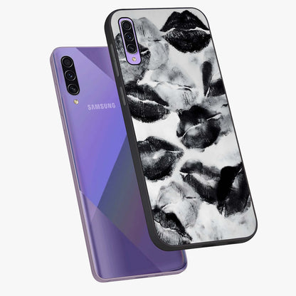 Midnight Kiss Marks Glass Case displayed in angled mockup highlighting playful romantic design with bold midnight aesthetic.