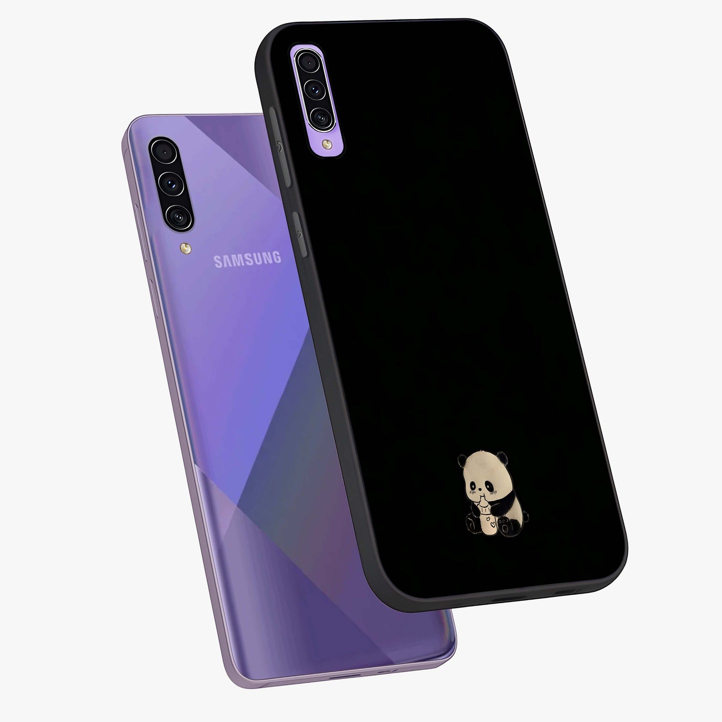 Midnight Panda Love Glass Case displayed in angled mockup highlighting adorable panda illustration with midnight aesthetic.