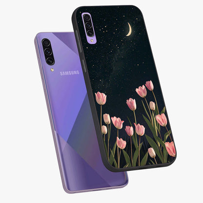 Midnight Tulip Whispers Vibe Glass Case displayed in angled mockup highlighting delicate tulip design with midnight floral aesthetic.