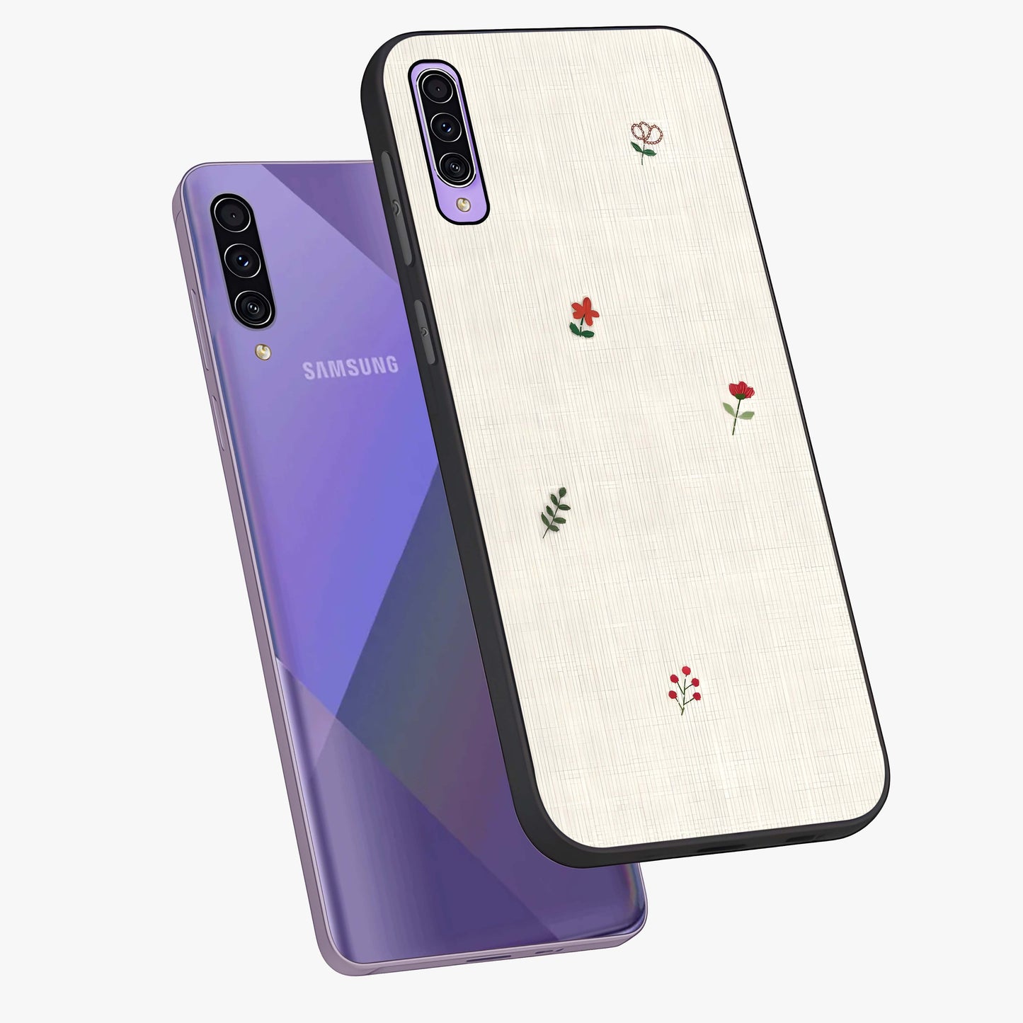Minimalistic Blue With White Flower Pattern Glass Case displayed in angled mockup highlighting simple floral design with minimal aesthetic.