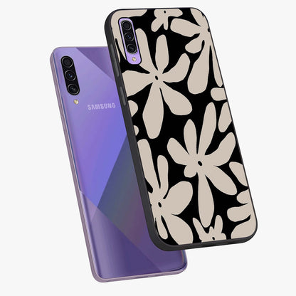Monochrome Petal Dance Glass Case displayed in angled mockup highlighting elegant petal design with black and white aesthetic.