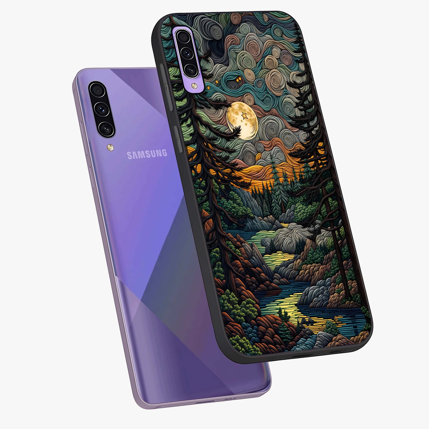 Moonlight Forest Dream Glass Case displayed in angled mockup highlighting dreamy forest design with glowing moon aesthetic.