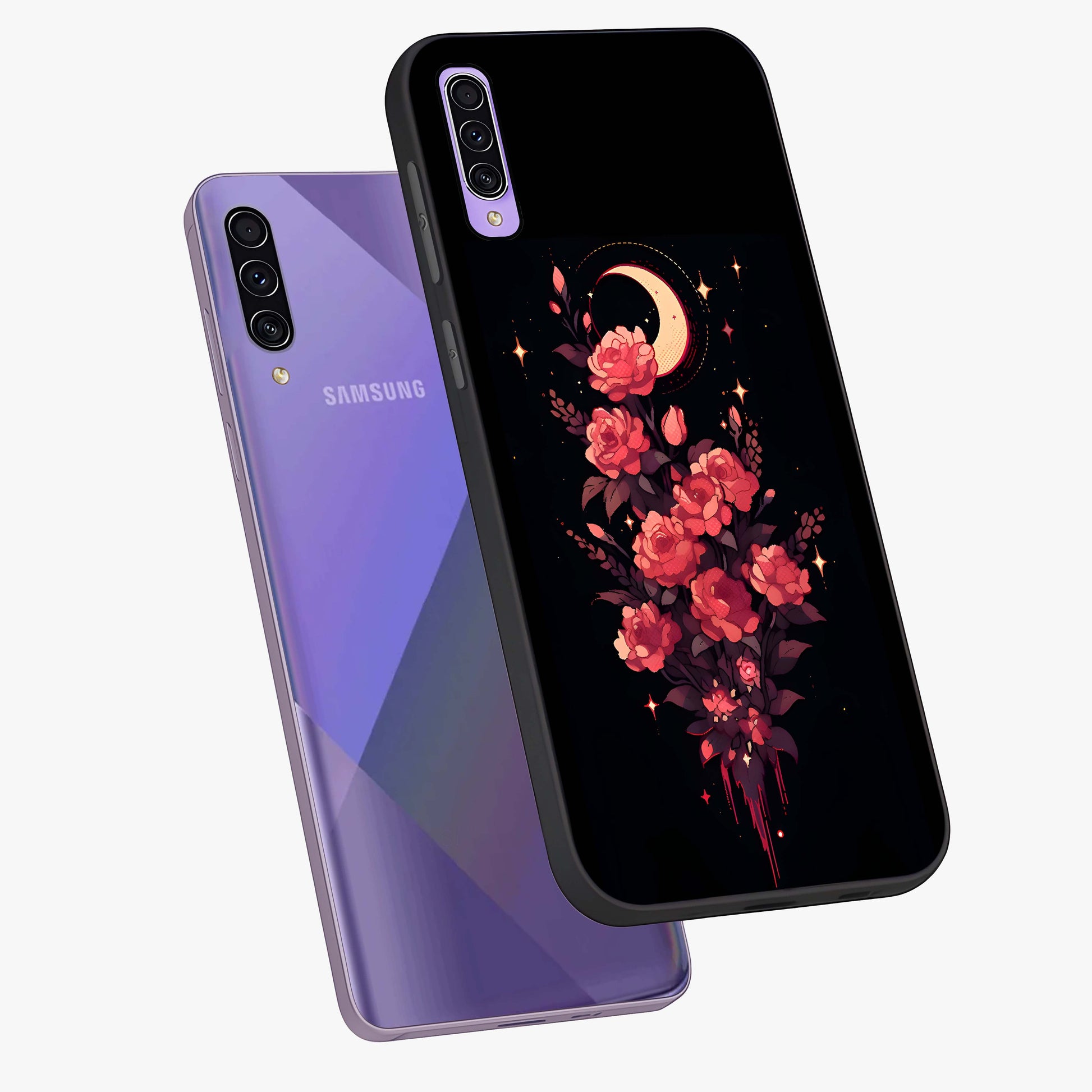 Moonlit Floral Elegance Glass Case displayed in angled mockup highlighting graceful flower design with soft moonlight aesthetic.