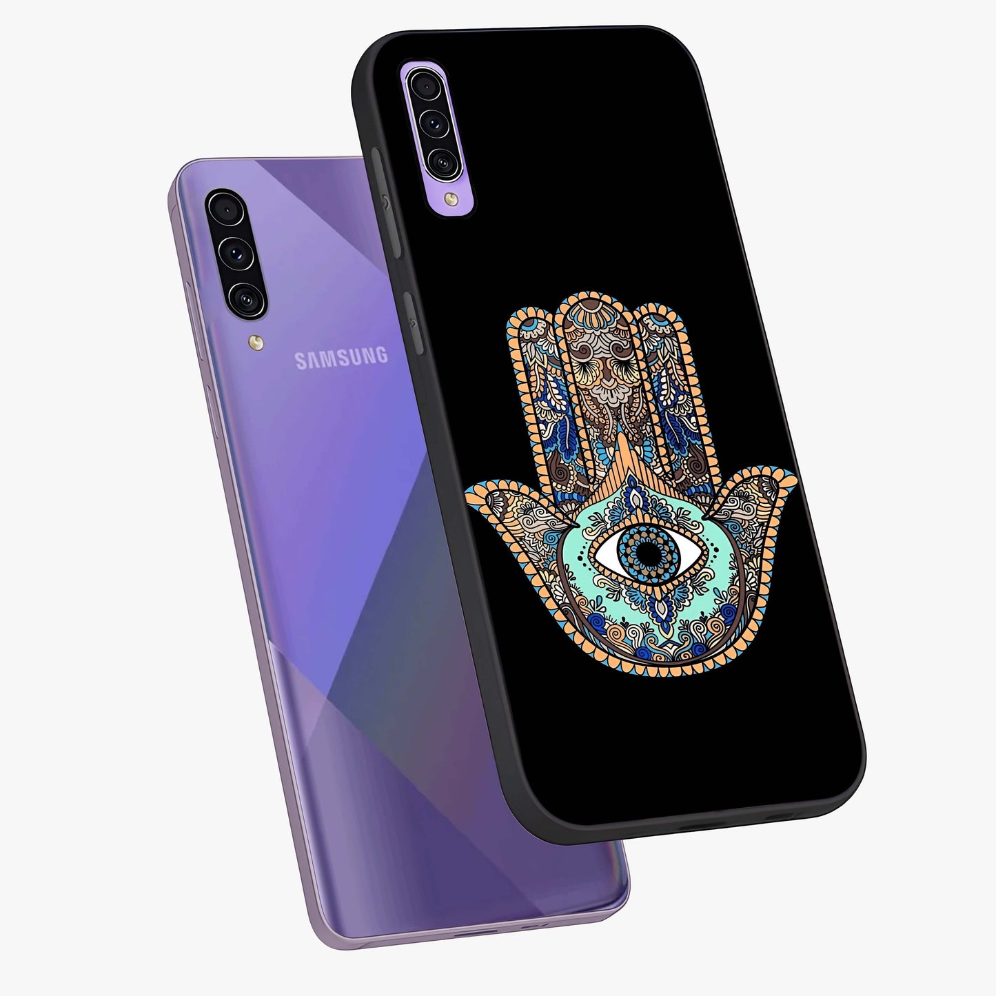 Mystic Hamsa Eye Glass Case displayed in angled mockup highlighting spiritual hamsa symbol with mystical aesthetic style.