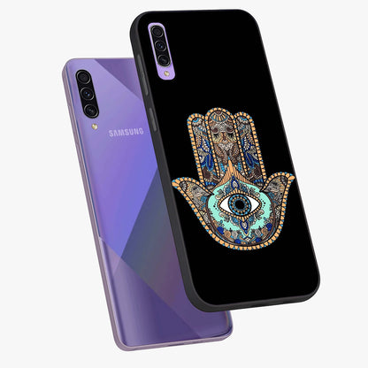 Mystic Hamsa Eye Glass Case displayed in angled mockup highlighting spiritual hamsa symbol with mystical aesthetic style.