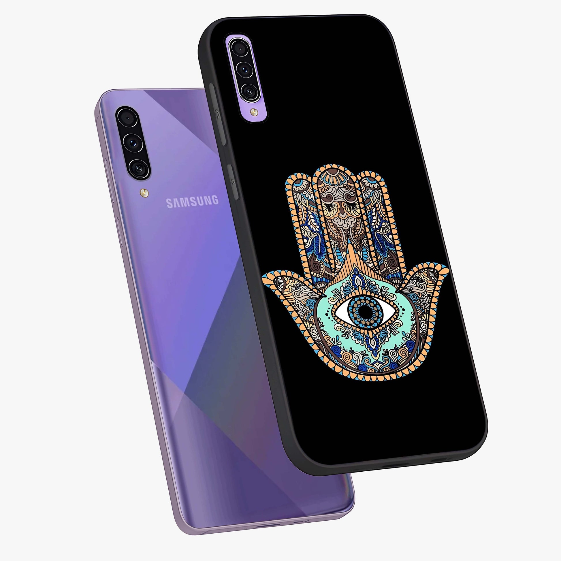 Mystic Hamsa Eye Glass Case displayed in angled mockup highlighting spiritual hamsa symbol with mystical aesthetic style.