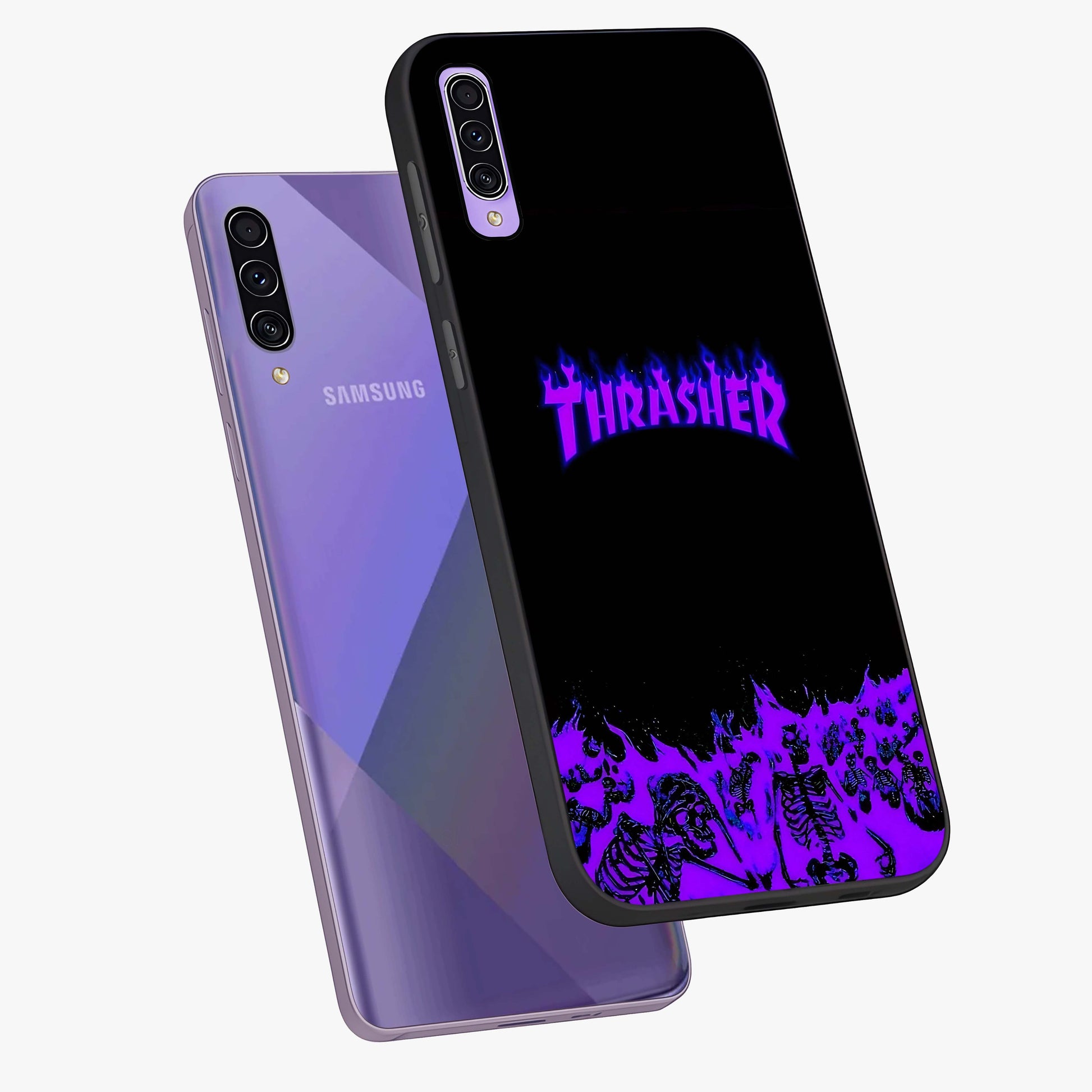 Neon Flame Riot Glass Case displayed in angled mockup highlighting glowing flame design with vibrant neon aesthetic.