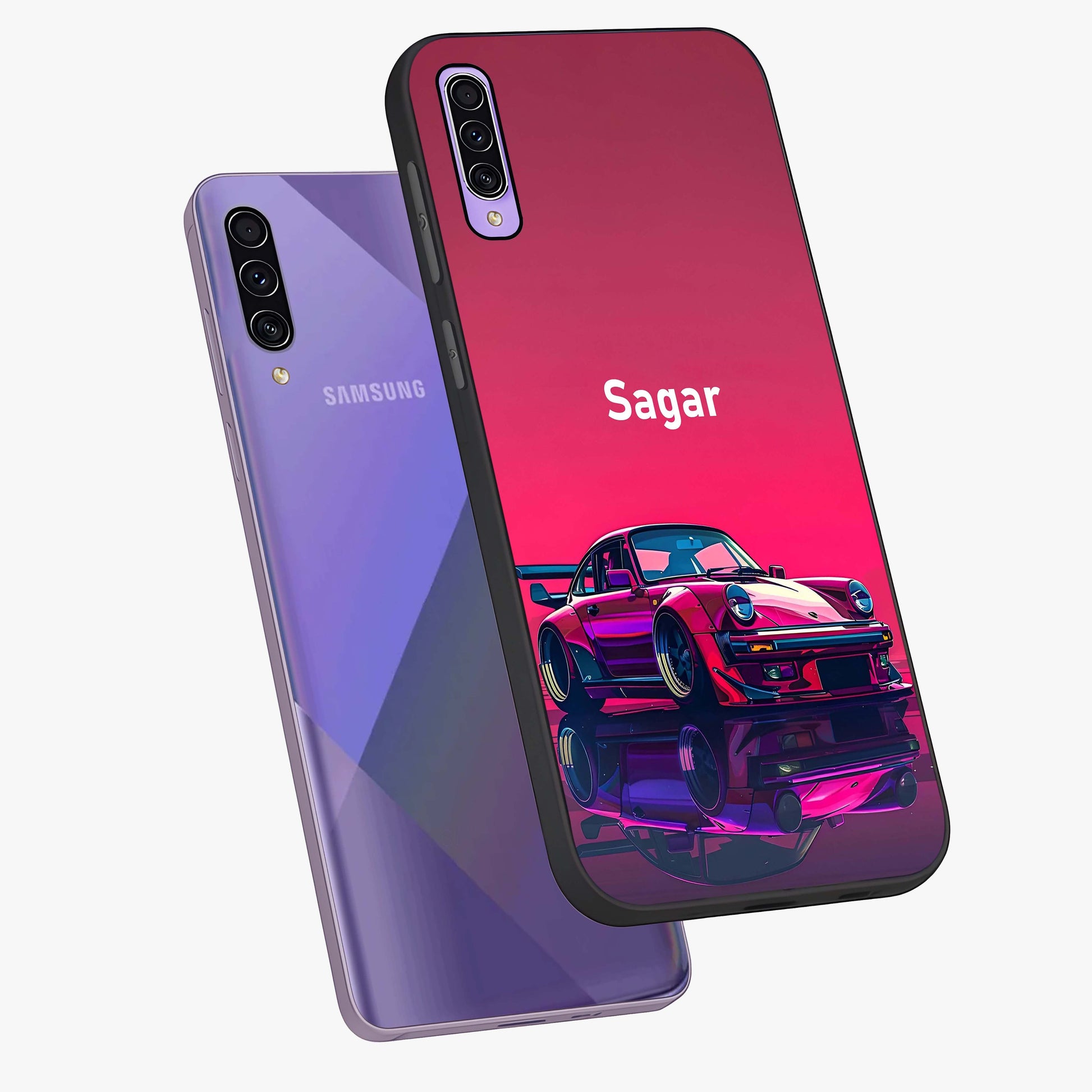 Neon Pink Porsche Glass Case displayed in angled mockup highlighting sleek neon pink car design with racing aesthetic.
