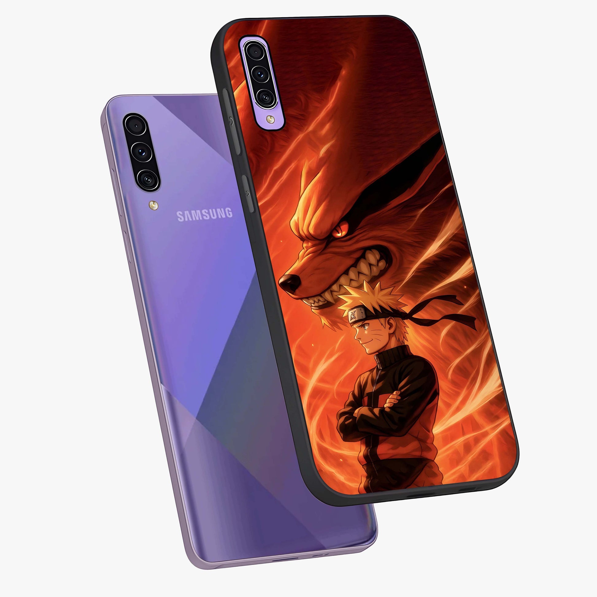 Nine Tails Legacy Glass Case displayed in angled mockup highlighting dynamic anime beast illustration with bold mystical aesthetic.