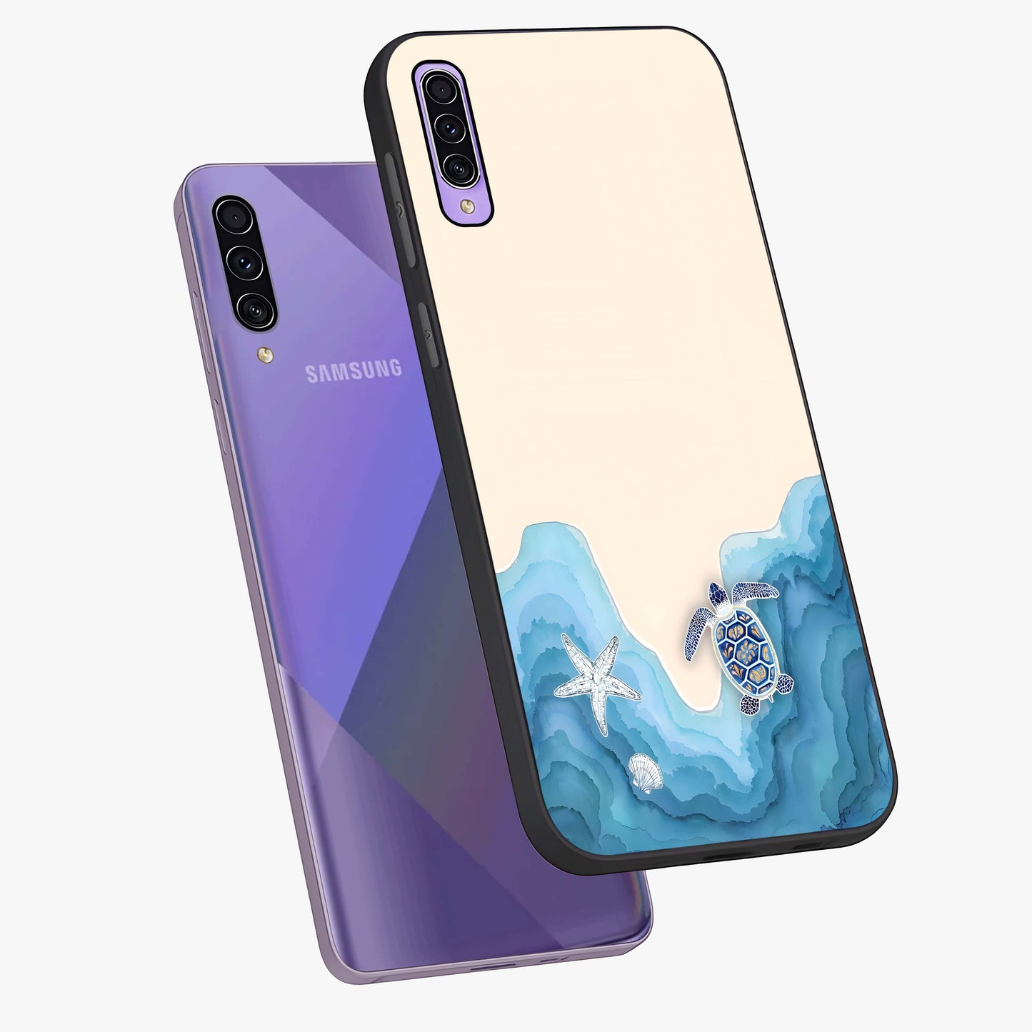 Ocean Drift Turtle Glass Case displayed in angled mockup highlighting peaceful ocean turtle illustration with marine aesthetic.