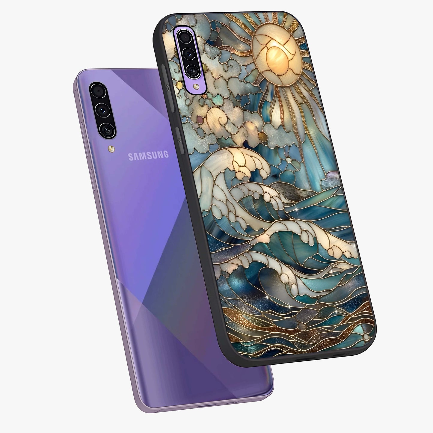 Oceanic Stained Printed Glass Case displayed in angled mockup highlighting colorful aquatic design with artistic aesthetic style.