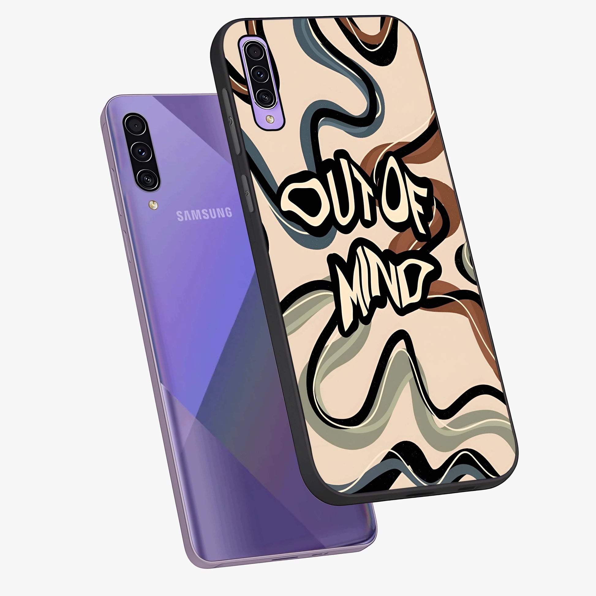 Out Of Mind Glass Case displayed in angled mockup highlighting bold statement design with modern artistic aesthetic.
