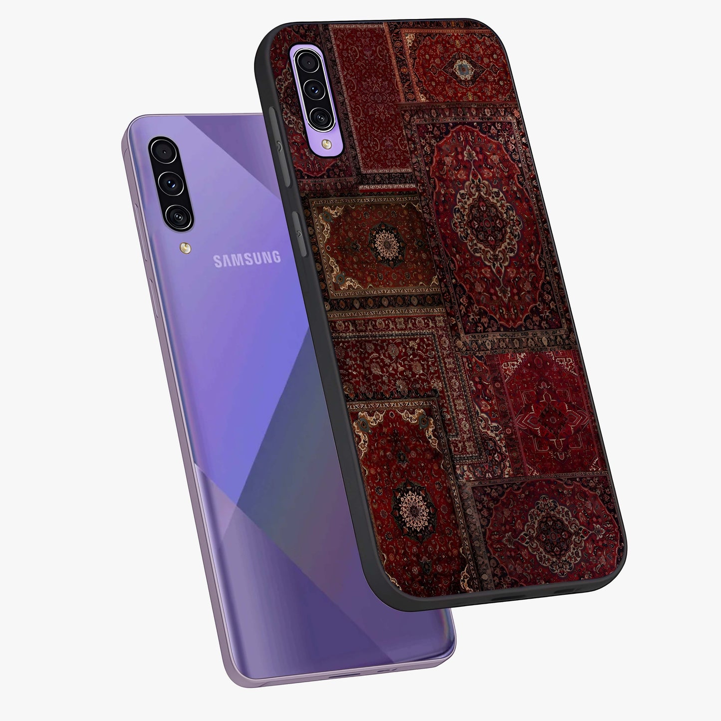 Persian Velvet Tale Glass Case displayed in angled mockup highlighting ornate textile inspired design with royal aesthetic.