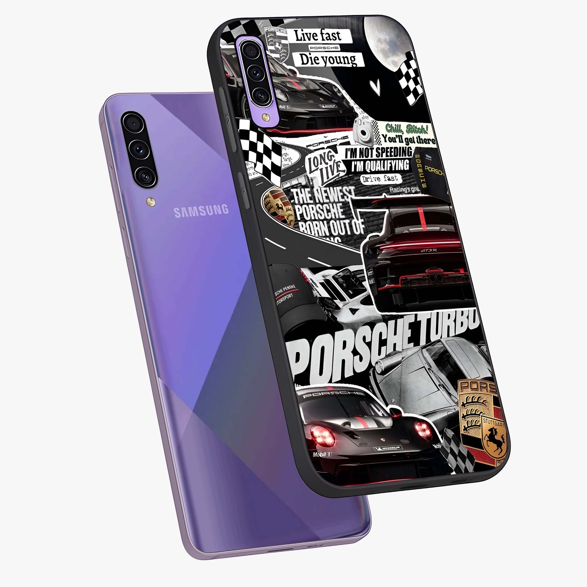 Porsche Racing Collage Glass Case displayed in angled mockup highlighting dynamic automotive design with bold racing aesthetic.