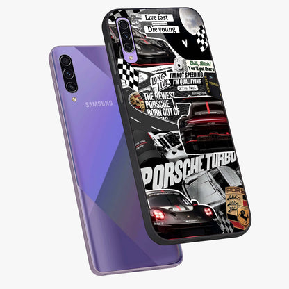 Porsche Racing Collage Glass Case displayed in angled mockup highlighting dynamic automotive design with bold racing aesthetic.