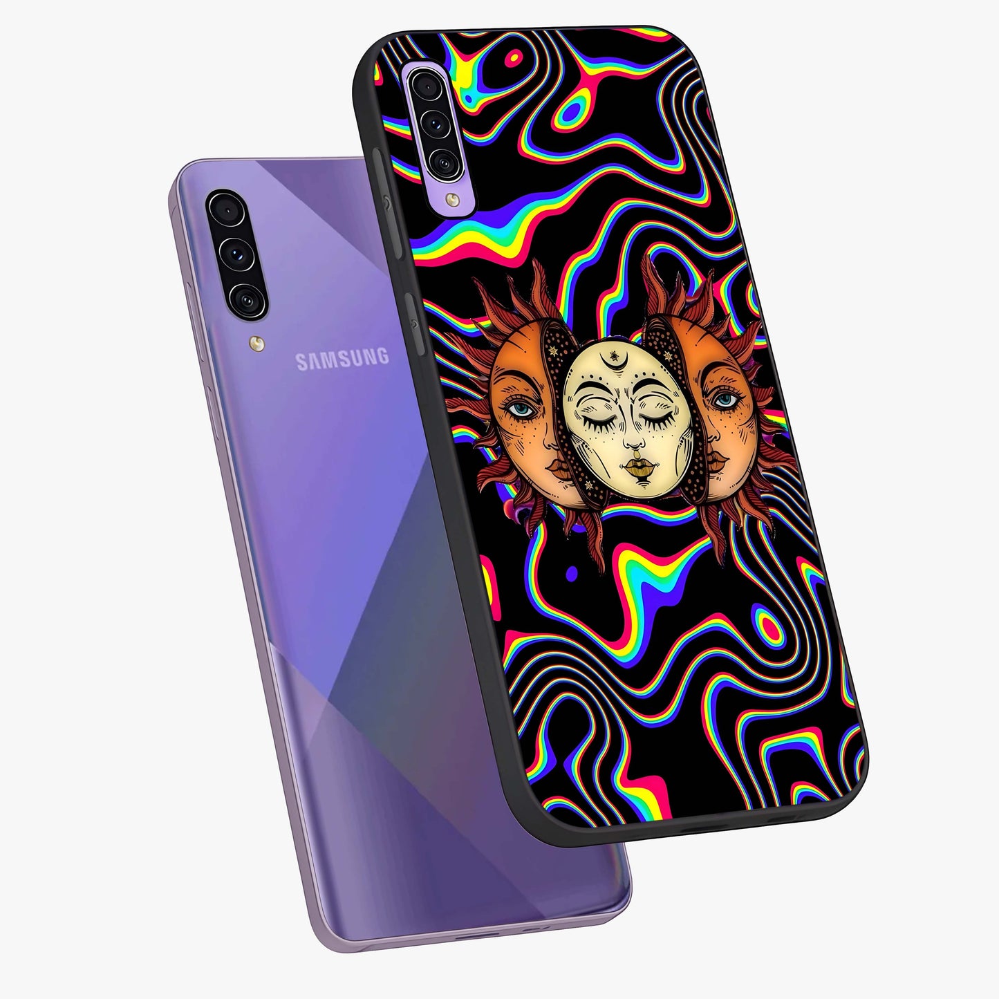 Psychedelic Sun Glass Case displayed in angled mockup highlighting vibrant abstract sun design with artistic aesthetic style.