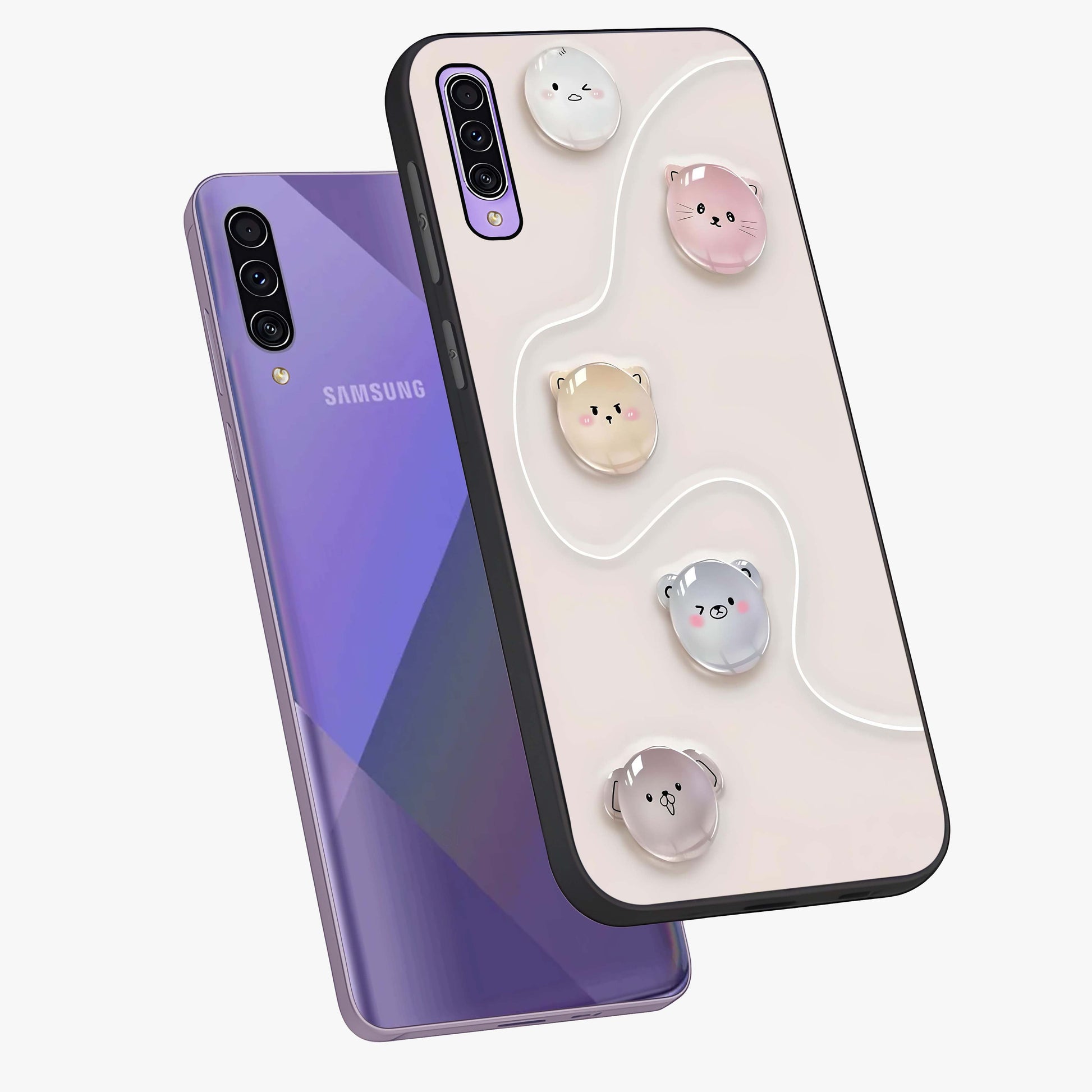 Puffy Face Parade Glass Case displayed in angled mockup highlighting playful cartoon face design with fun aesthetic.