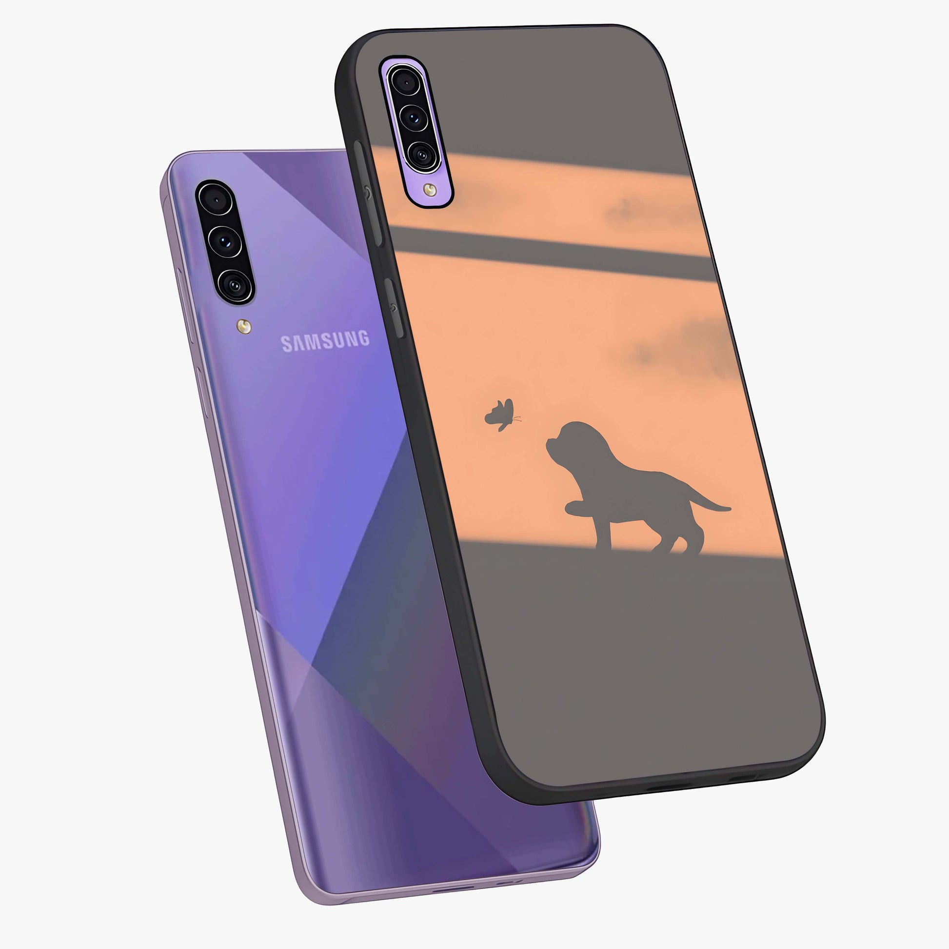 Puppy Shadow Art Glass Case displayed in angled mockup highlighting playful dog illustration with artistic shadow aesthetic.