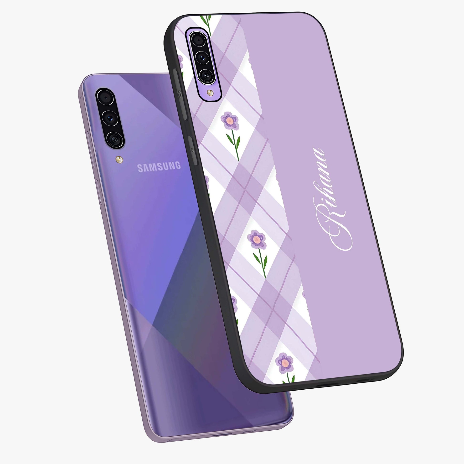Purple Diamond Floral Glass Case displayed in angled mockup highlighting elegant purple flower design with decorative pattern.
