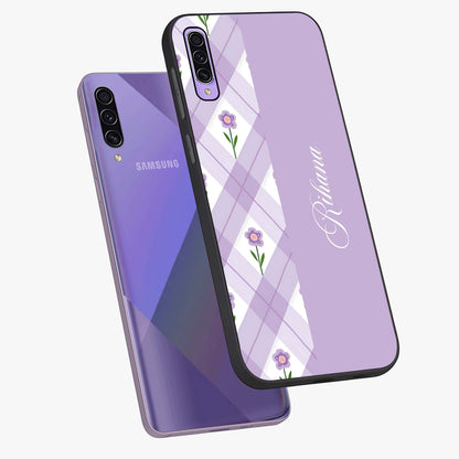 Purple Diamond Floral Glass Case displayed in angled mockup highlighting elegant purple flower design with decorative pattern.