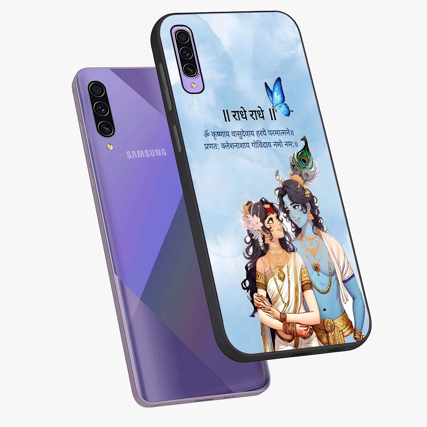 Radha Krishna Eternal Glass Case displayed in angled mockup highlighting divine Radha Krishna illustration with spiritual aesthetic.