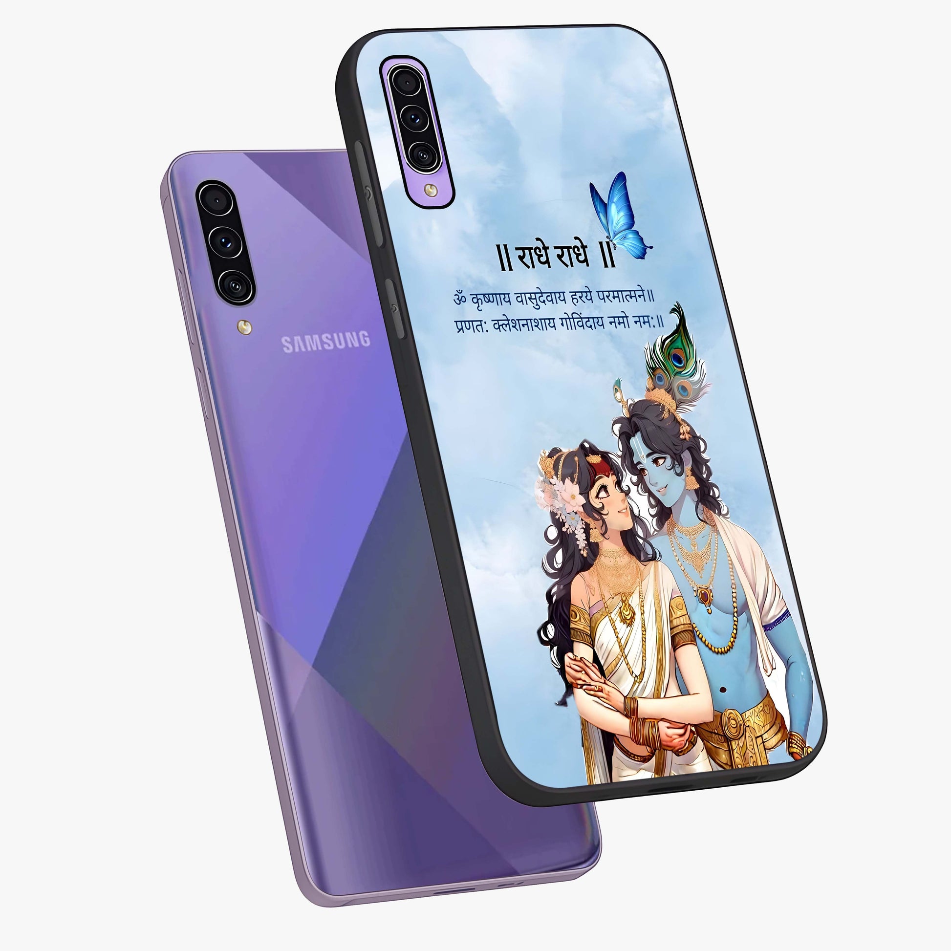 Radha Krishna Eternal Glass Case displayed in angled mockup highlighting divine Radha Krishna illustration with spiritual aesthetic.