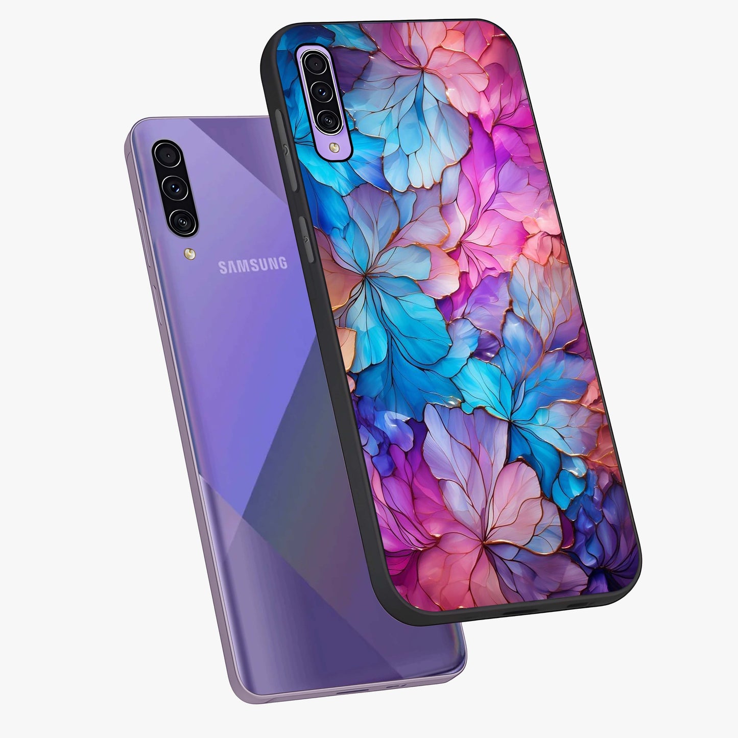 Radiant Floral Whirl Glass Case displayed in angled mockup highlighting vibrant flower pattern with dynamic artistic aesthetic.