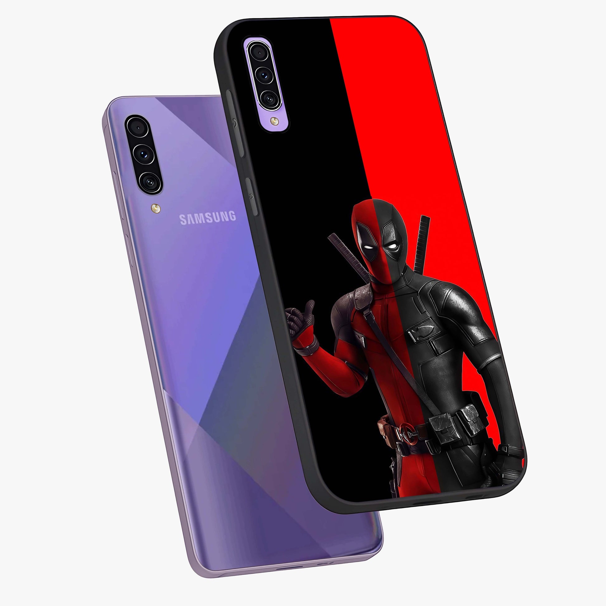 Red & Black Deadpool Theme Glass Case displayed in angled mockup highlighting vibrant superhero style illustration with action aesthetic.