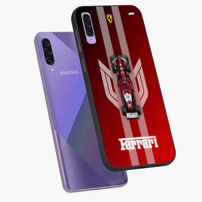 Red Ferrari F1 Vertical Glass Case displayed in angled mockup highlighting high speed racing design with bold automotive aesthetic.