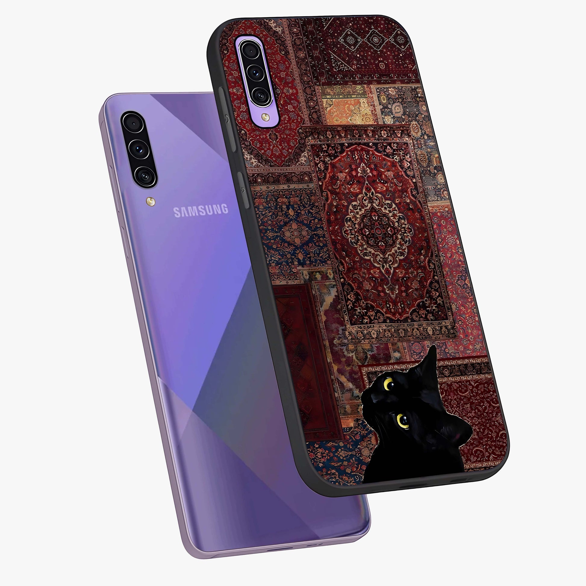 Regal Magic Cat Apple Glass Case displayed in angled mockup highlighting whimsical feline design with fantasy aesthetic.