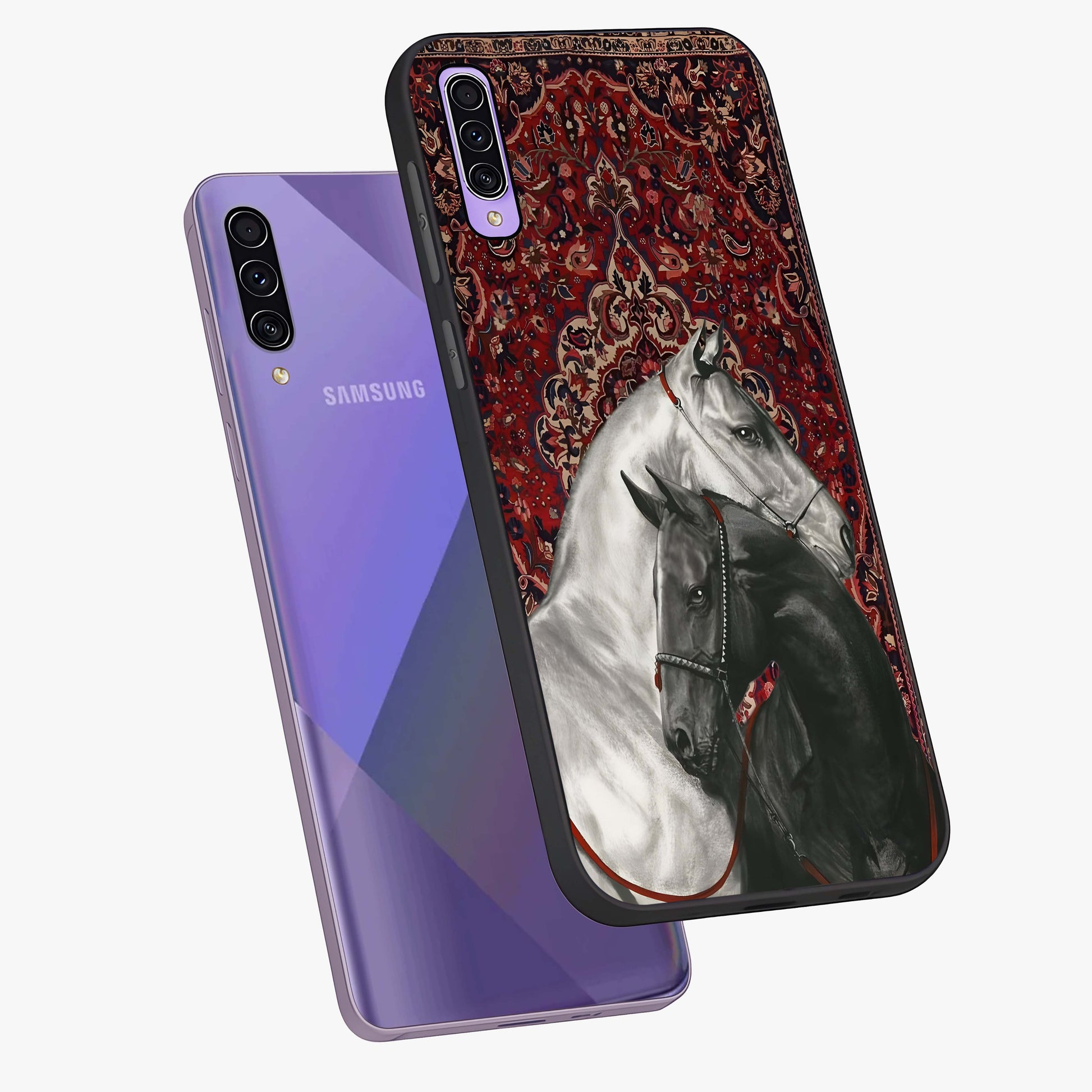 Regal Stallion Tapestry Glass Case displayed in angled mockup highlighting royal stallion design with decorative heritage aesthetic.