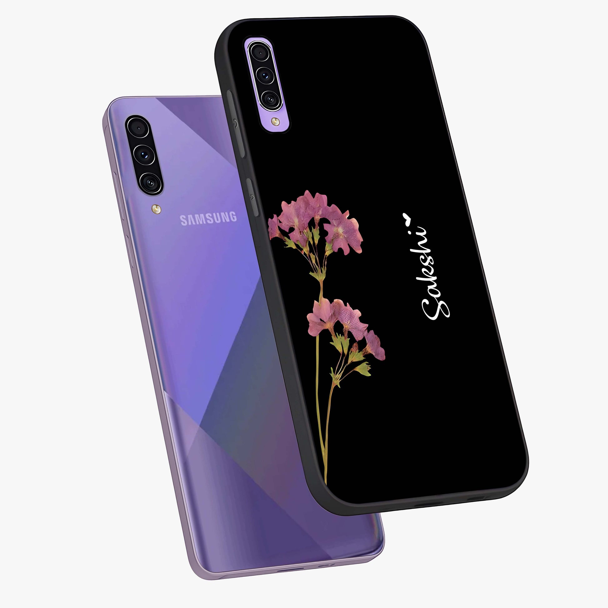 Riching Lavender Flower Custom Name Glass Case displayed in angled mockup highlighting delicate lavender flower design with custom name feature.