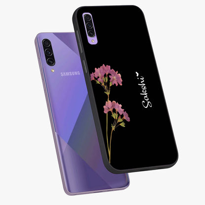 Riching Lavender Flower Custom Name Glass Case displayed in angled mockup highlighting delicate lavender flower design with custom name feature.
