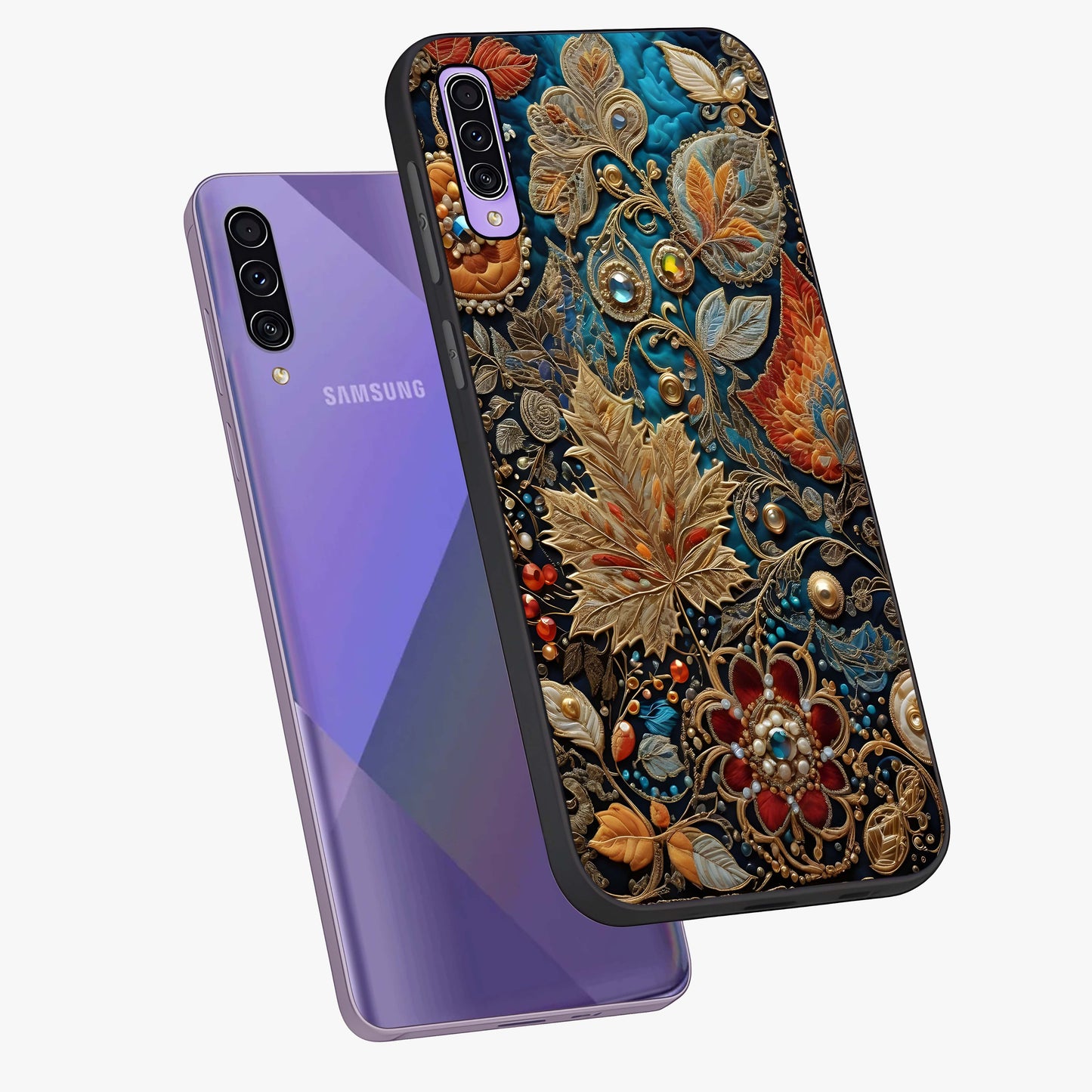 Royal Jewel Garden Glass Case displayed in angled mockup highlighting vibrant jewel inspired floral design with elegant aesthetic.