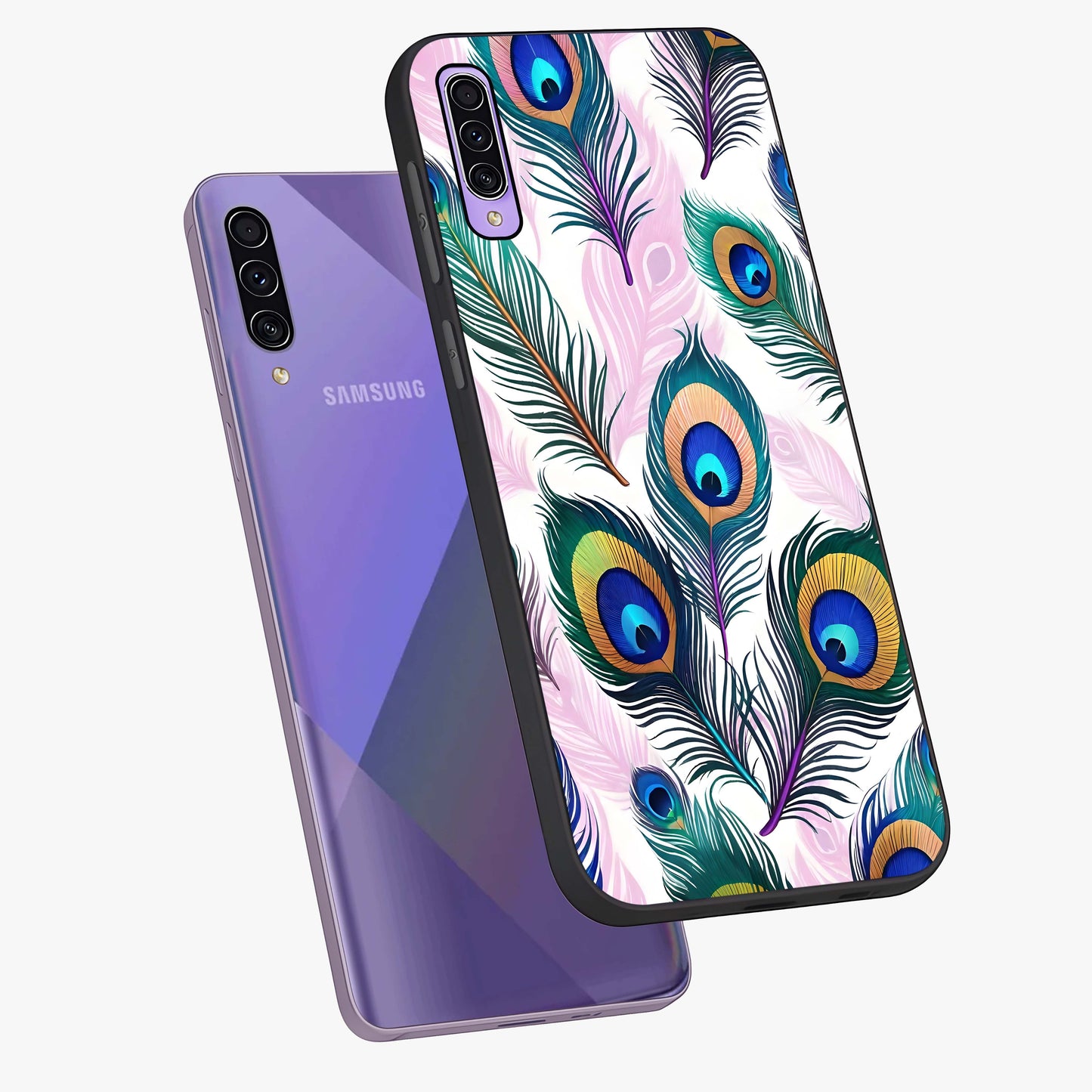 Royal Peacock Feathers Glass Case displayed in angled mockup highlighting vibrant feather pattern with regal aesthetic style.