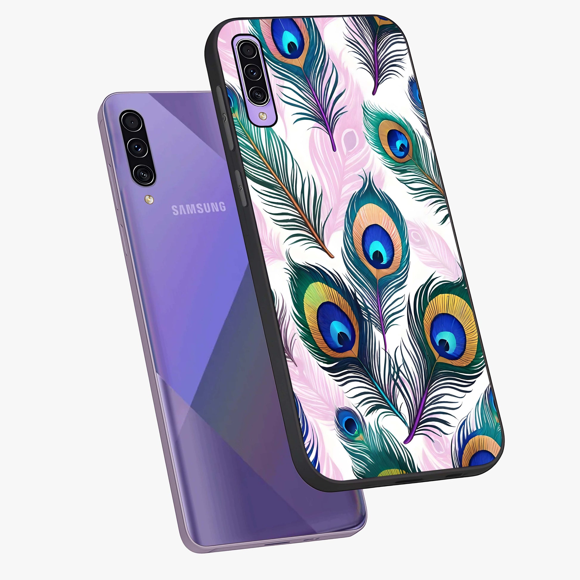 Royal Peacock Feathers Glass Case displayed in angled mockup highlighting vibrant feather pattern with regal aesthetic style.