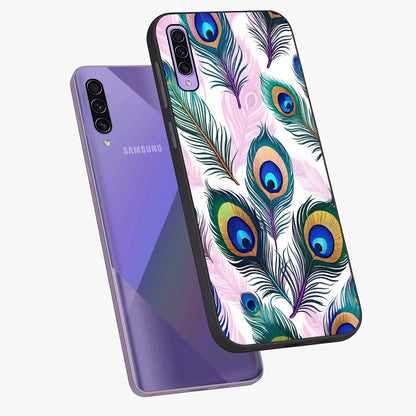 Royal Peacock Feathers Glass Case displayed in angled mockup highlighting vibrant feather pattern with regal aesthetic style.