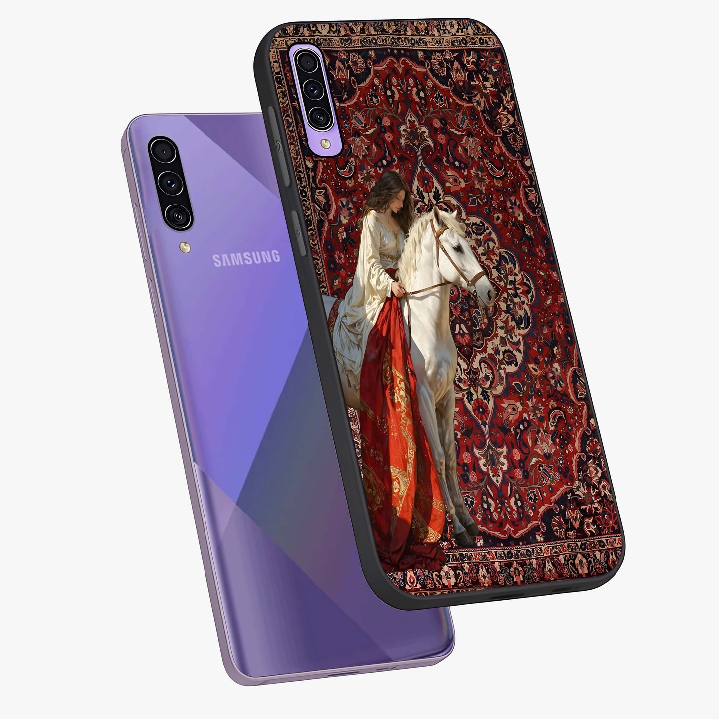 Royal Rider Tapestry Glass Case displayed in angled mockup highlighting traditional tapestry design with royal heritage aesthetic.