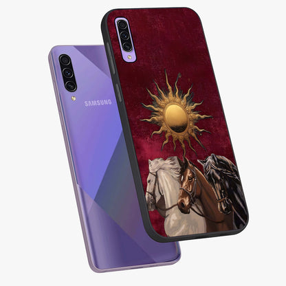 Solar Riders Glass Case displayed in angled mockup highlighting powerful rider illustration with radiant solar aesthetic.