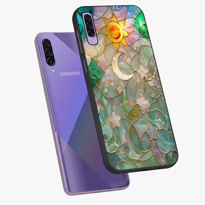 Stained Sunrise Glow Glass Case displayed in angled mockup highlighting radiant sunrise design with artistic aesthetic style.