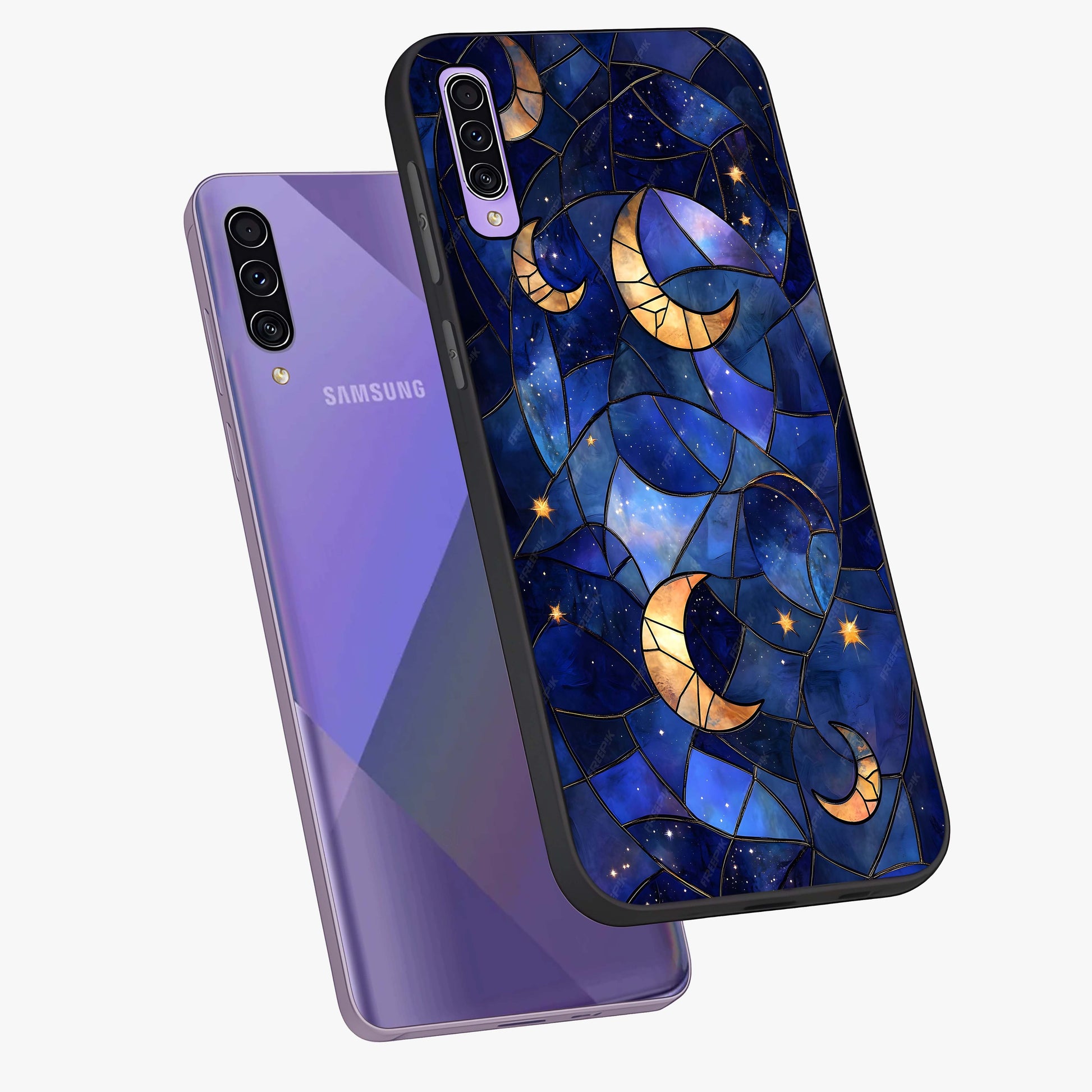 Starlit Sky Tapestry Glass Case displayed in angled mockup highlighting celestial night pattern with artistic aesthetic style.