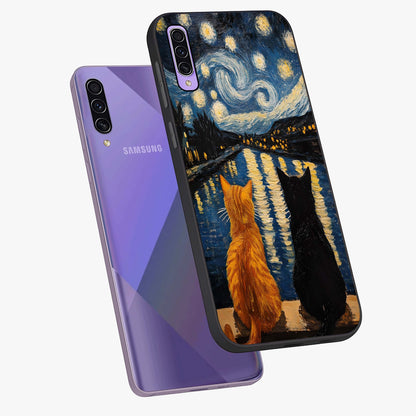 Starry River Cats Glass Case displayed in angled mockup highlighting charming feline illustration with dreamy night aesthetic.