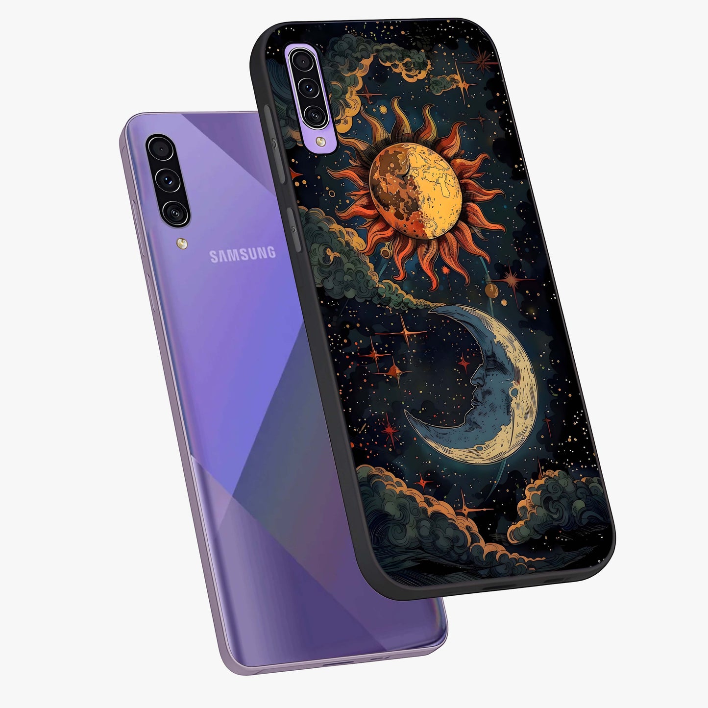 Sun And Moon Magic Design Glass Case displayed in angled mockup highlighting celestial design with magical cosmic aesthetic.