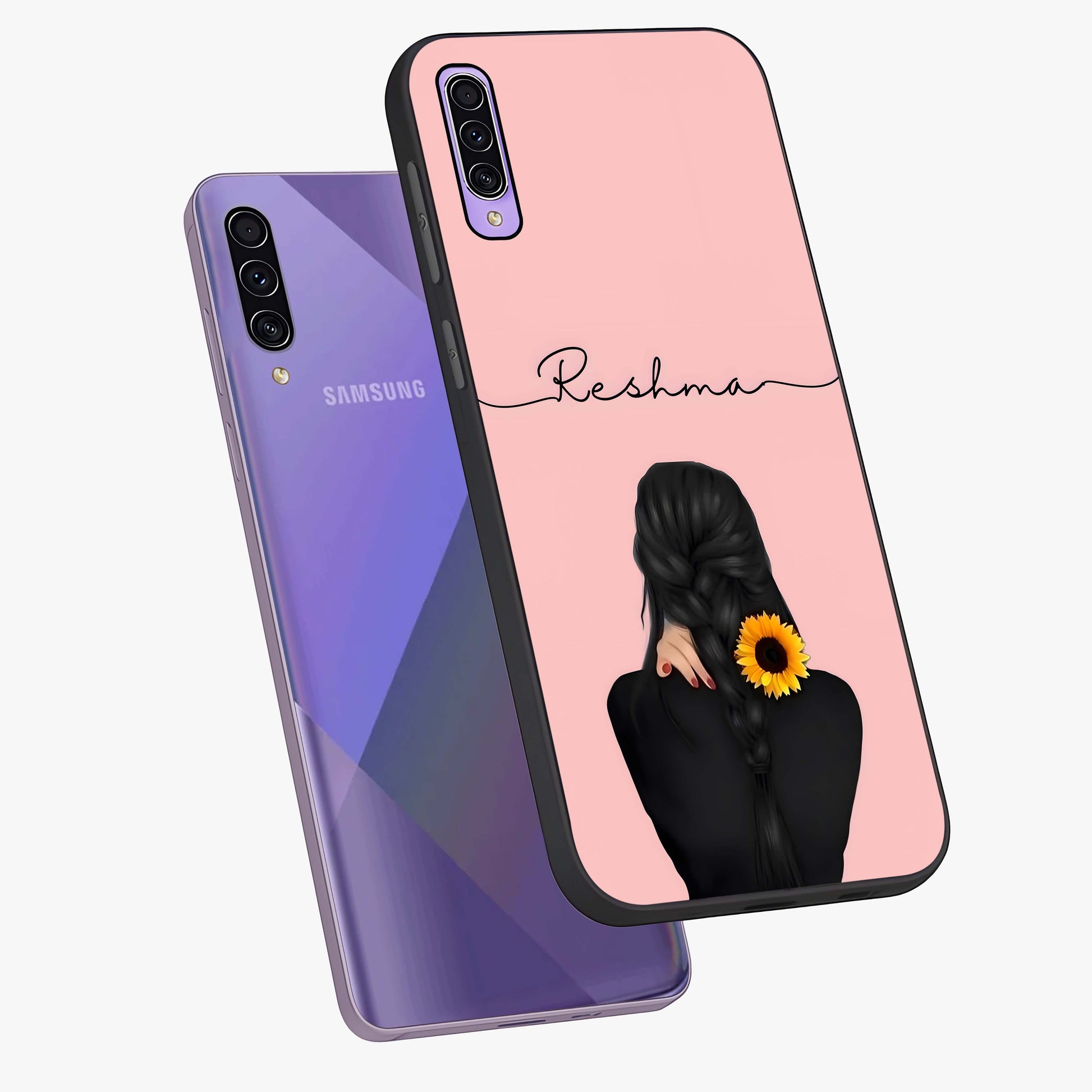 Sunflower Braid Beauty With Custom Name Glass Case displayed in angled mockup highlighting elegant sunflower design with custom name feature.