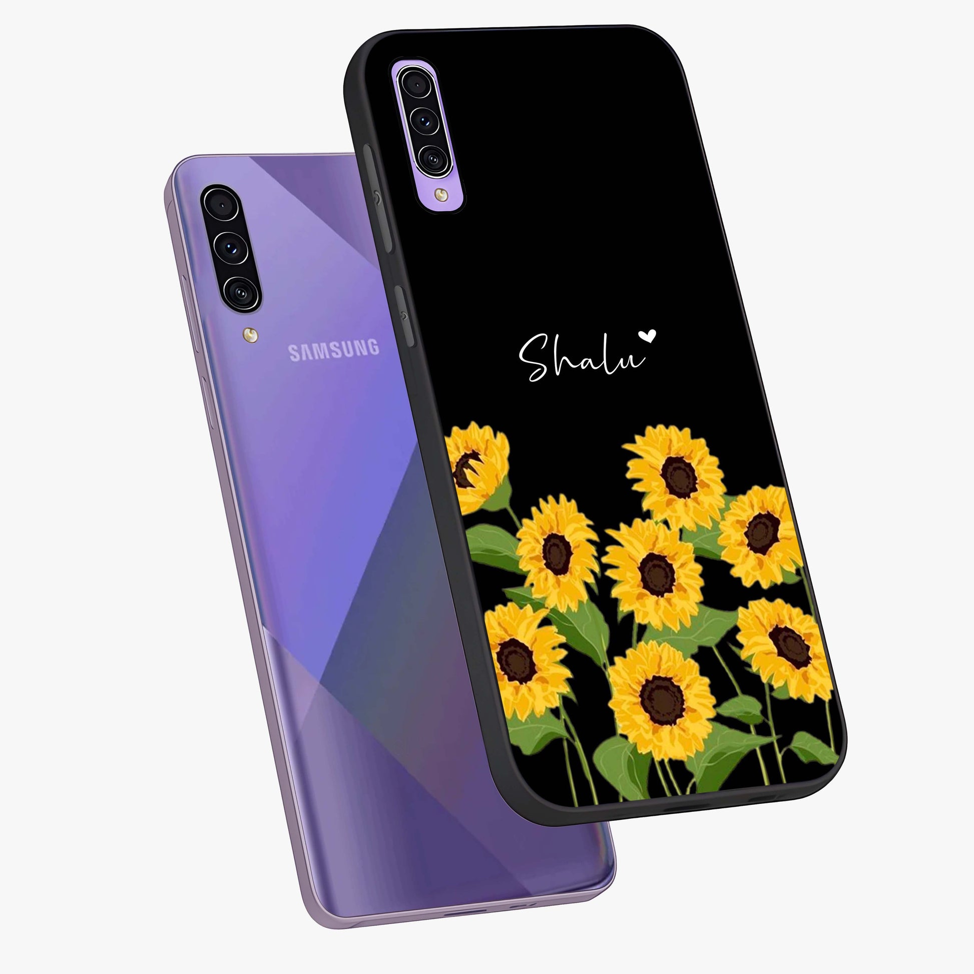 Sunflower Chic Mood Custom Name Glass Case displayed in angled mockup highlighting vibrant sunflower design with custom name feature.