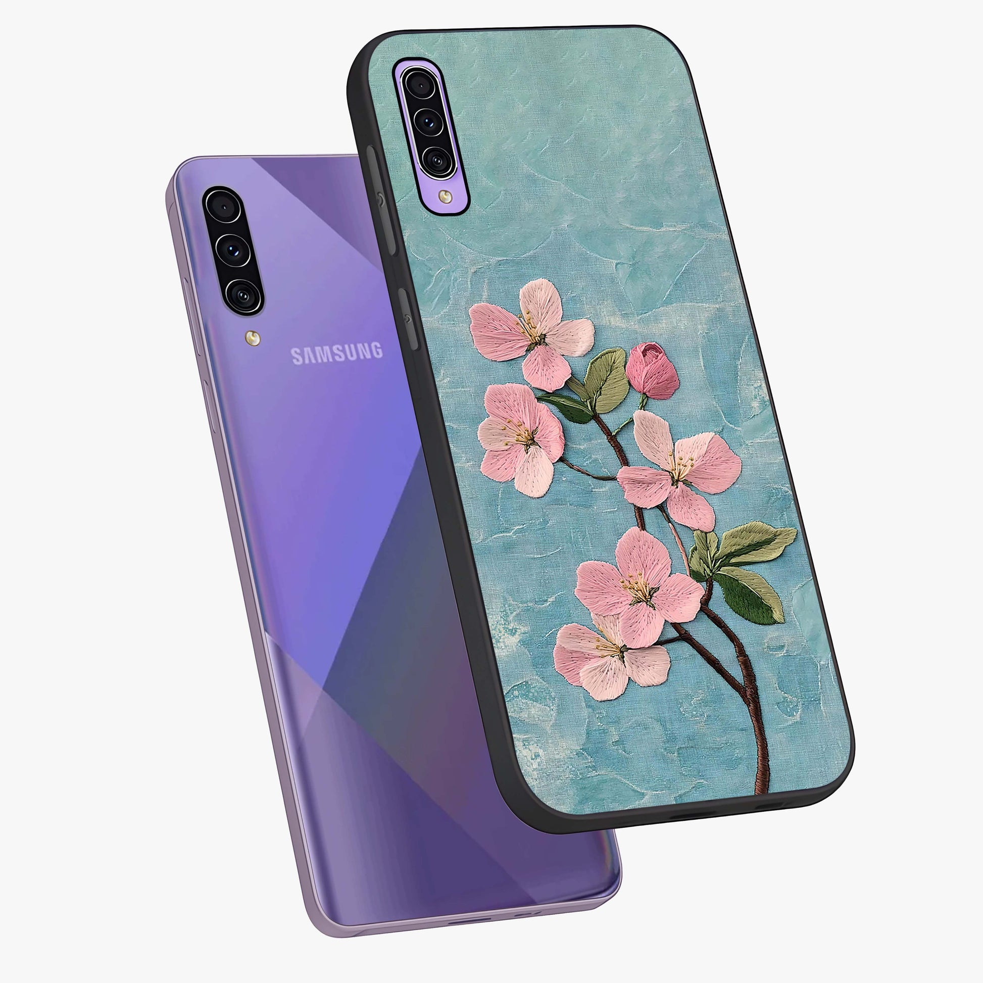 Threaded Blossom Breeze Glass Case displayed in angled mockup highlighting elegant floral design with soft aesthetic style.