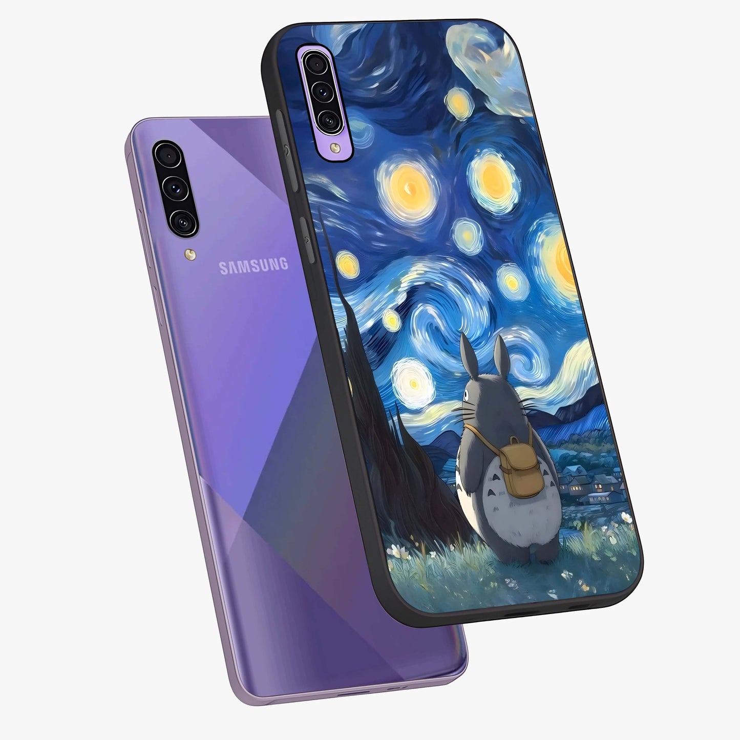 Totoro In Van Gogh Art Glass Case displayed in angled mockup highlighting artistic swirling sky design with playful animation aesthetic.